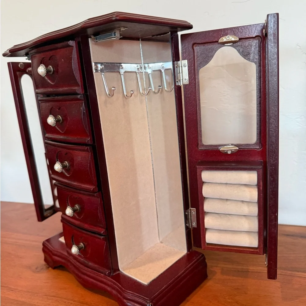Vintage Cherry Wooden Jewelry Armoire Organizer with Heart Accents‎ cubby hooks
